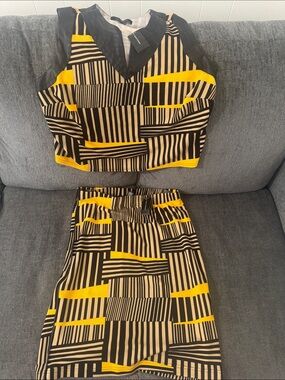 Graphic Stripe Two-Piece Top & Skirt Set in Yellow, Brown